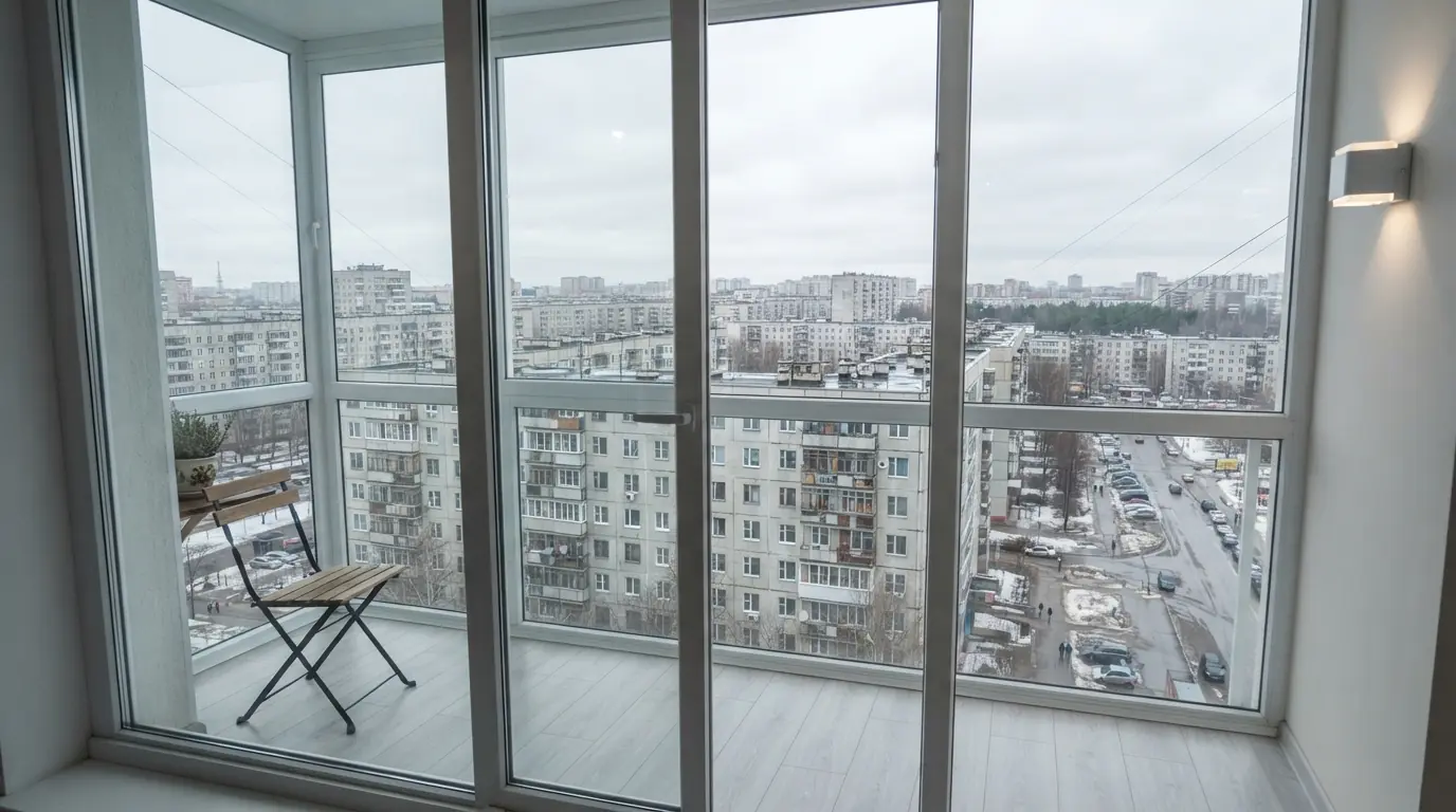 Холодное остекление хрущёвки — ракурс сбоку